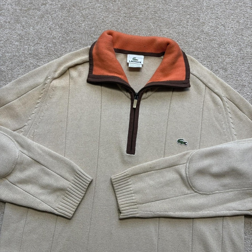 Vtg Lacoste Knit Sweater Mens Large Beige 1/4 Zip Mock Neck Elbow Patch 80s 90s‎